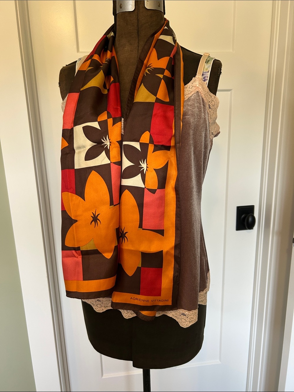 Adrianne Vittadini fall floral geometric block color scarf 11”x52” soft luxuries